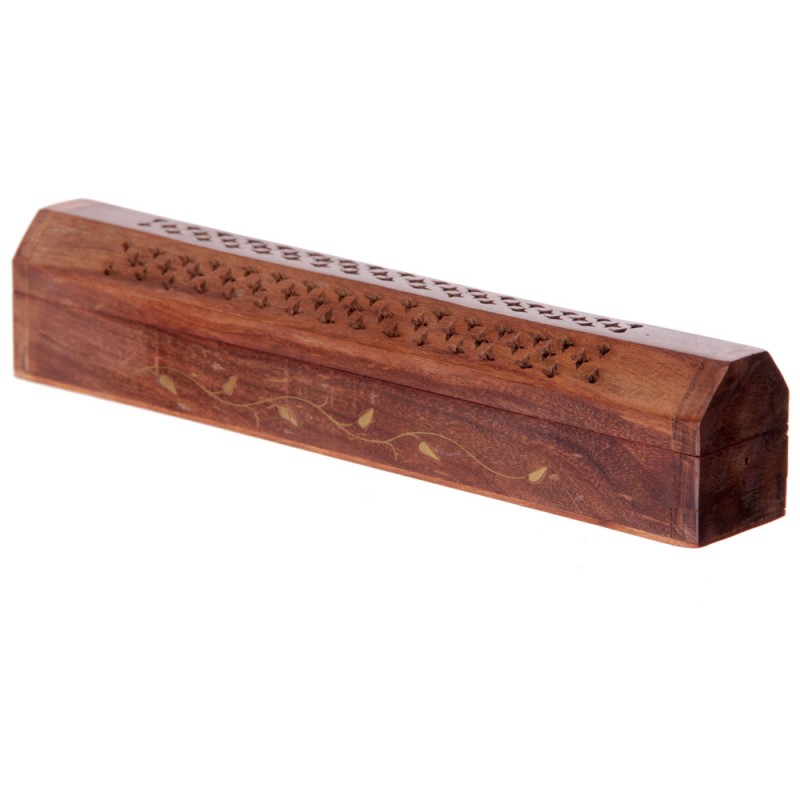 Sheesham Wood Incense Box with Brass Inlay, Vine Design