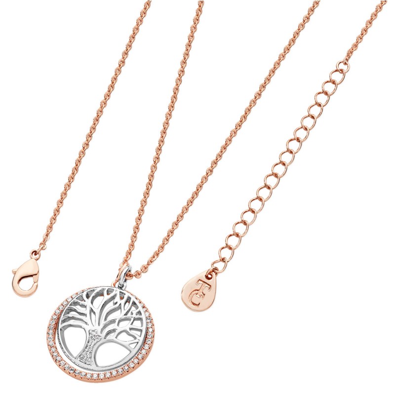 Rose Gold Pendant With Cz Circle & Silver Floating Tree of Life