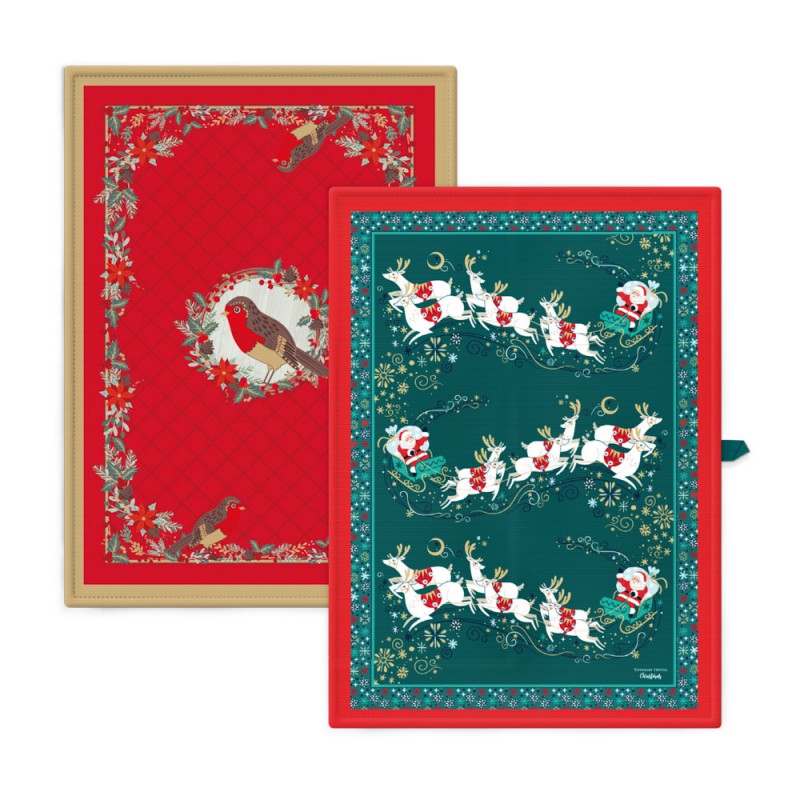 Set of 2 Christmas Tea-Towels - Santa Sleigh & Robin - Tipperary